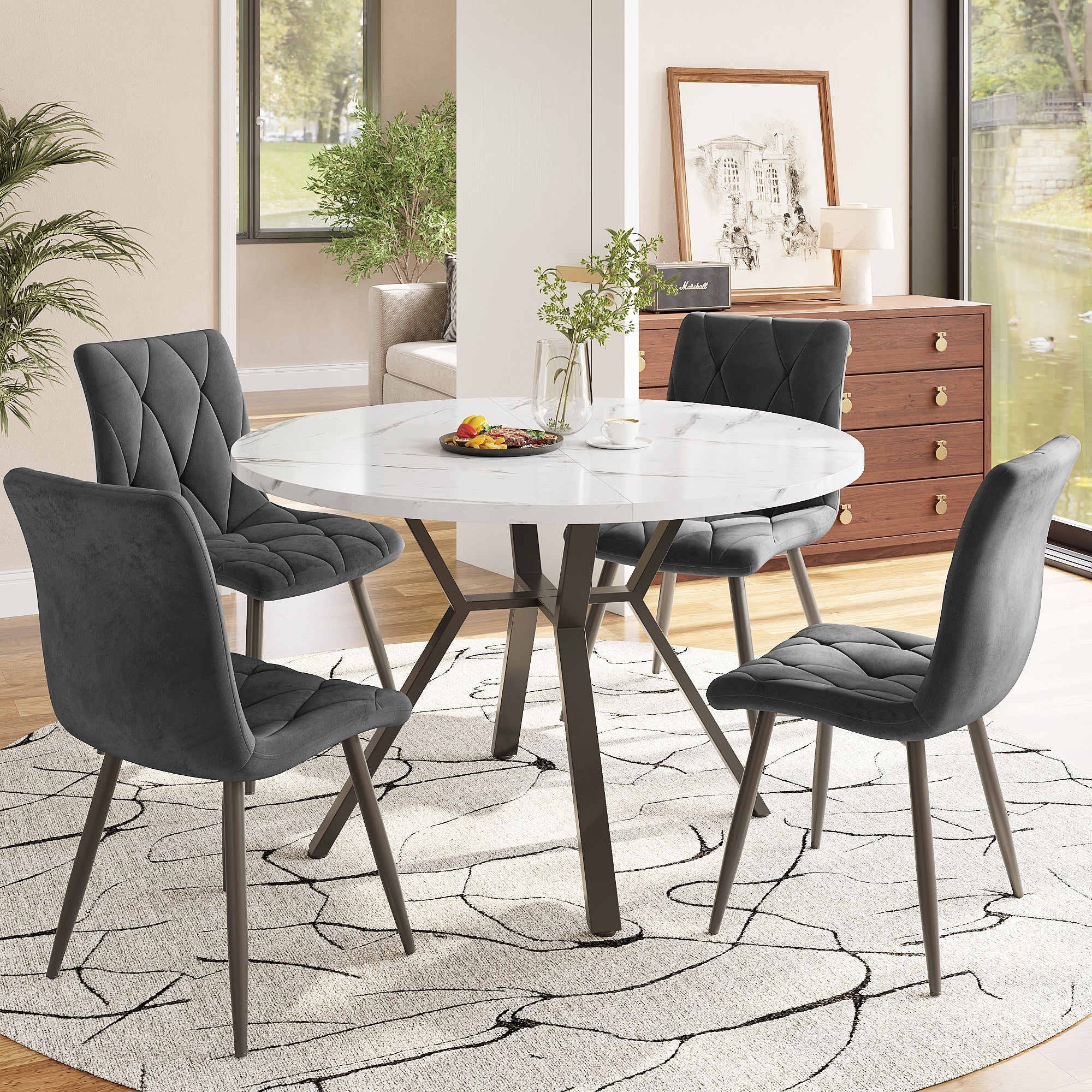 5-Piece Dining Set Modern Round Marble Table 4 Ergonomic Chairs Black Metal Grey Suede