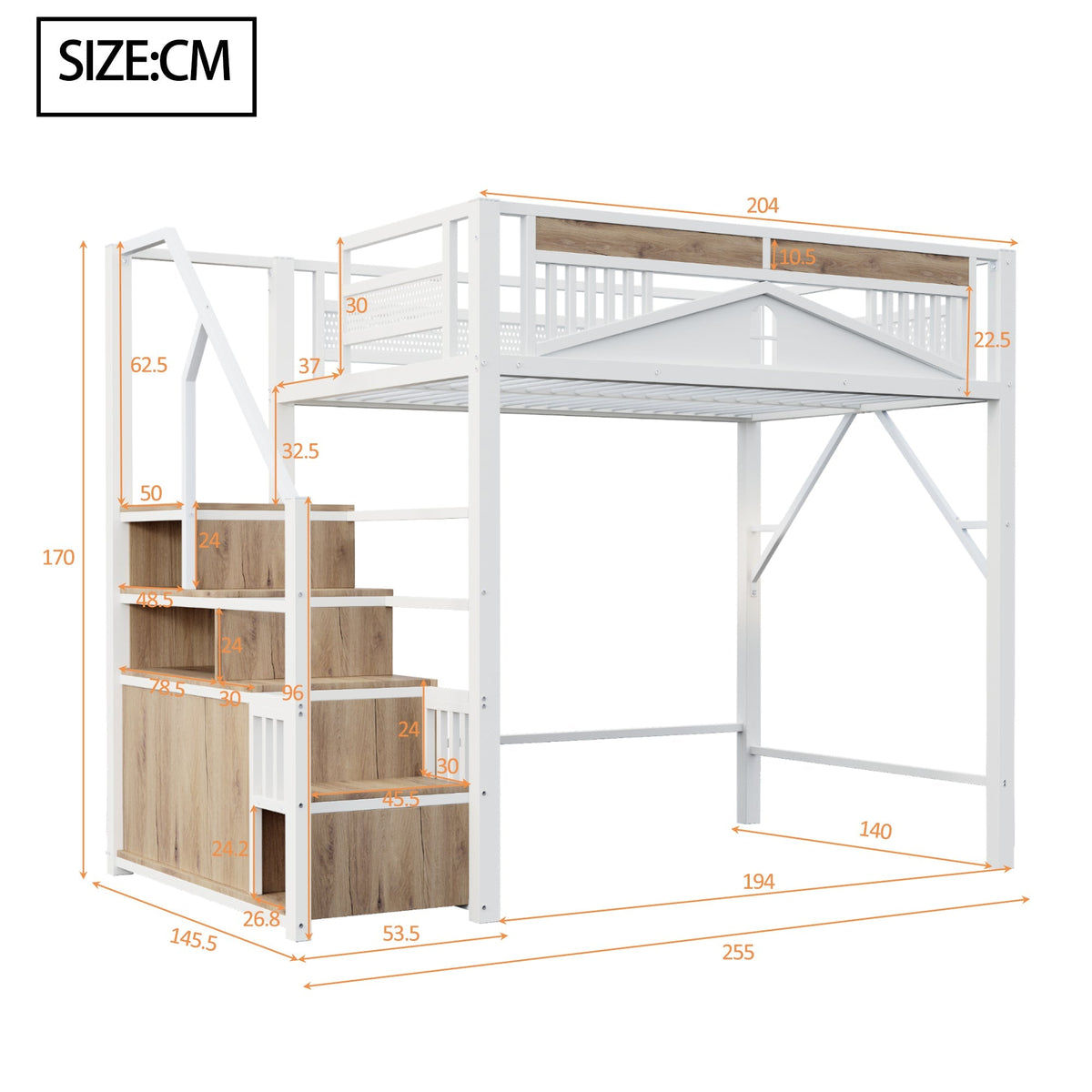 Metal Loft Bed 140x200cm Safety Enclosure with Window & Ladder Locker, White