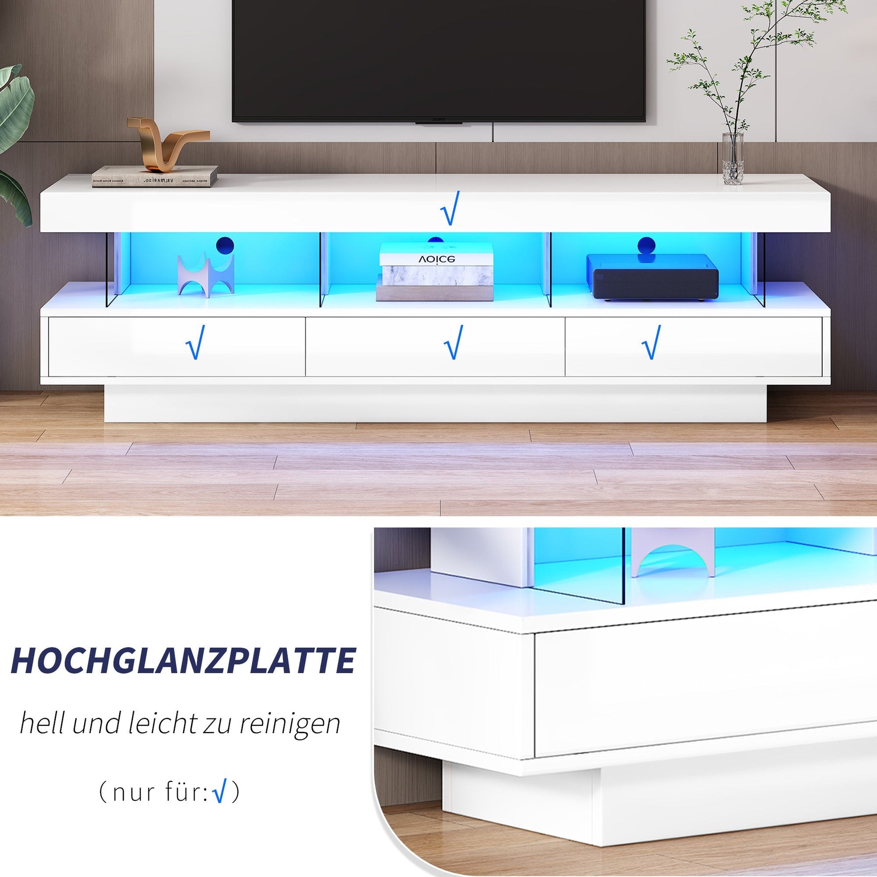 TV Cabinet, 160x38x50.5cm High-Gloss with Glass, LED, App Control, for 70-inch TVs, White