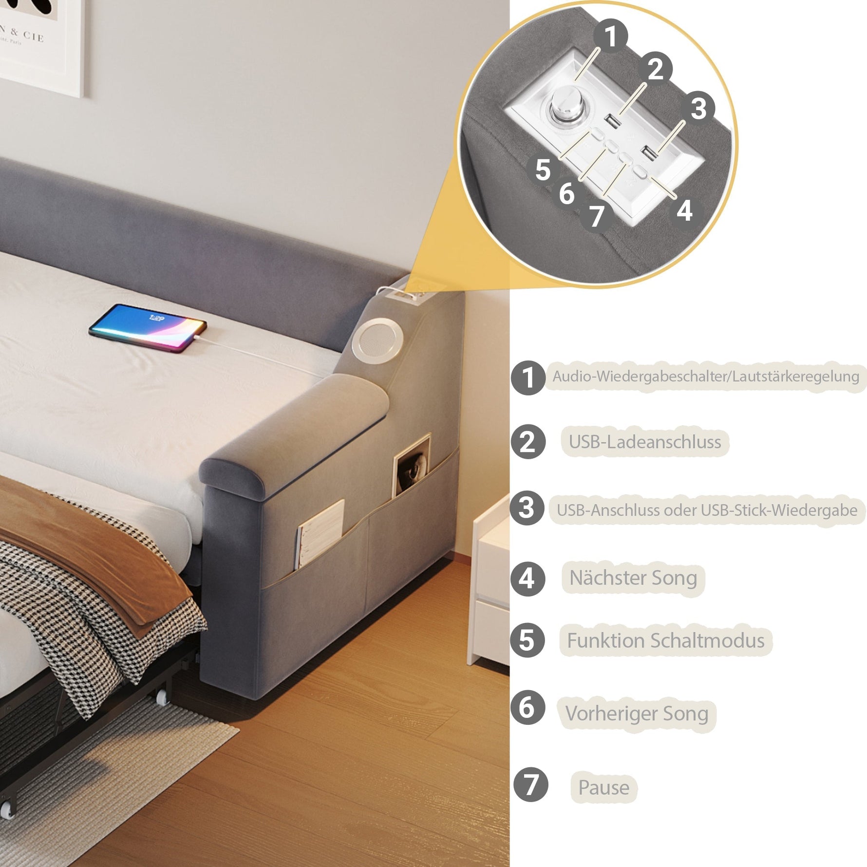 Upholstered Sofa Bed, 90/180*190cm Bluetooth Stereo USB Storage, Grey Velvet