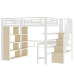 Loft Bed with Desk, Storage Staircase and LED Light Strip, 140x200cm, White Iron Frame