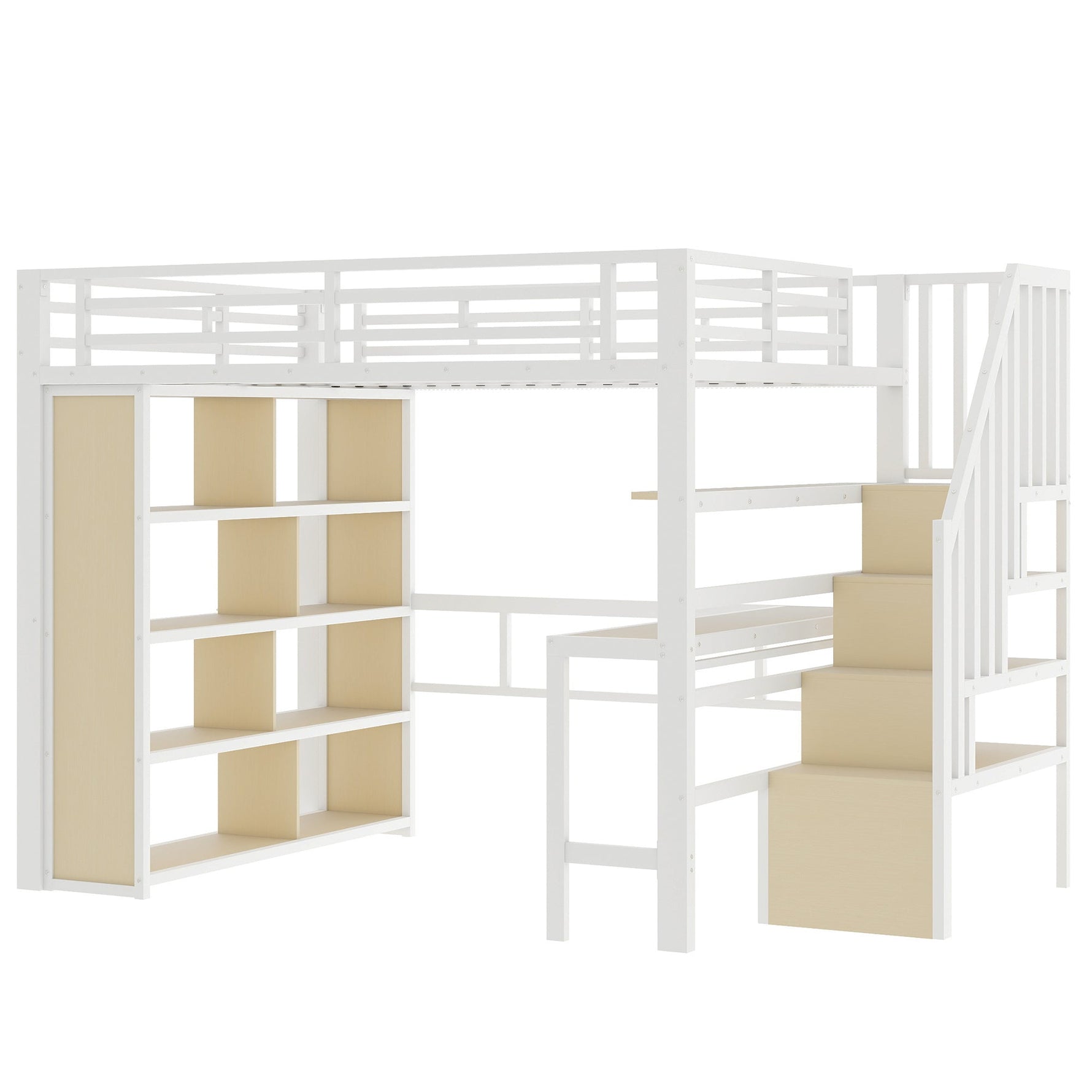 Loft Bed with Desk, Storage Staircase and LED Light Strip, 140x200cm, White Iron Frame