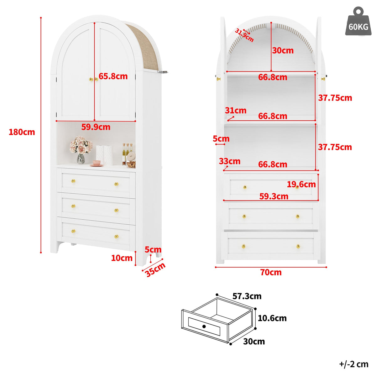 Tall Arched Storage Cabinet Drawers Doors Shelves - White