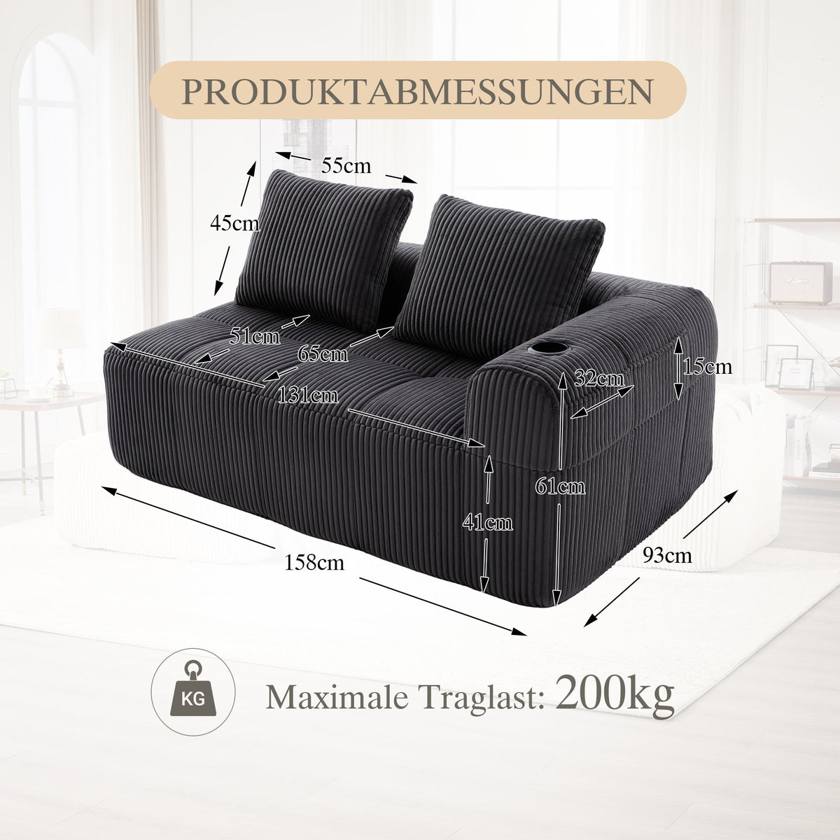 Two-Seater Sofa with Storage Pocket & Drink Holder - Corduroy