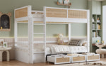 Children's Bunk Bed with 3 Drawers & Rattan Railing, White Pine Wood