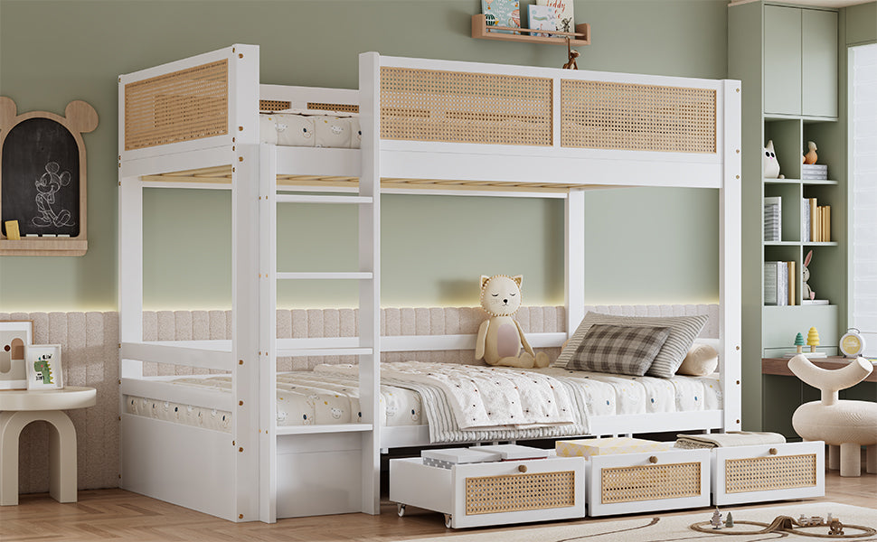 Children's Bunk Bed with 3 Drawers & Rattan Railing, White Pine Wood