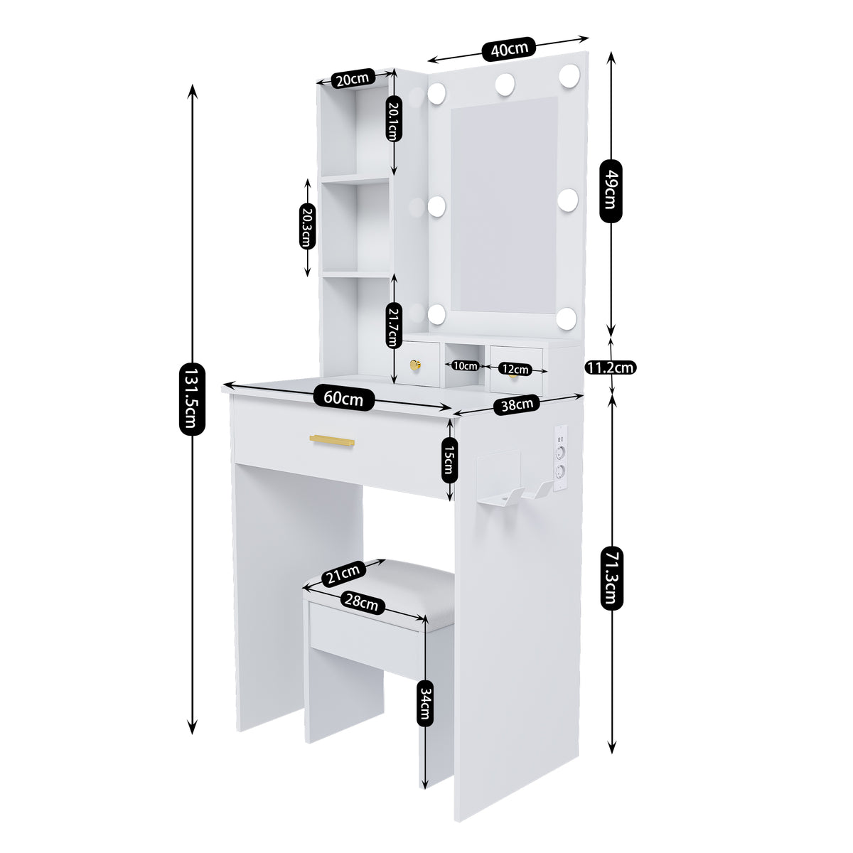 Small Vanity Desk Set with LED Mirror & Stool, White