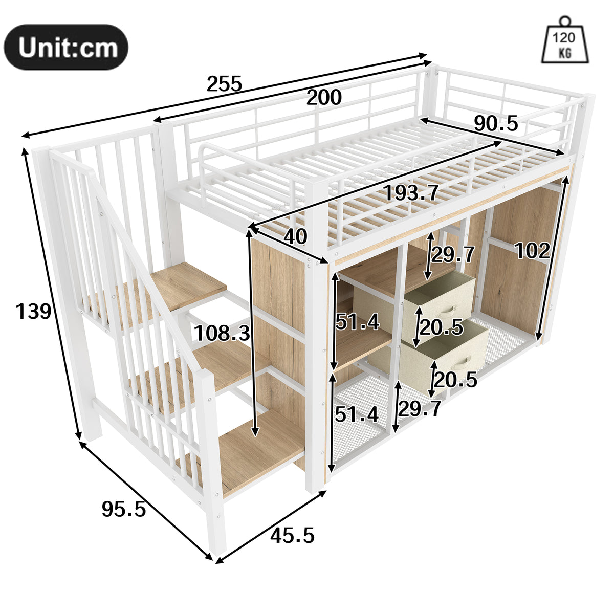 Mid-Height Bed 90x200cm with LED Lighting & Storage, White