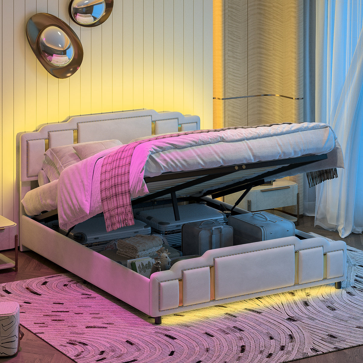 Hydraulic Double Bed 160x200cm with Headboard, Beige Velvet