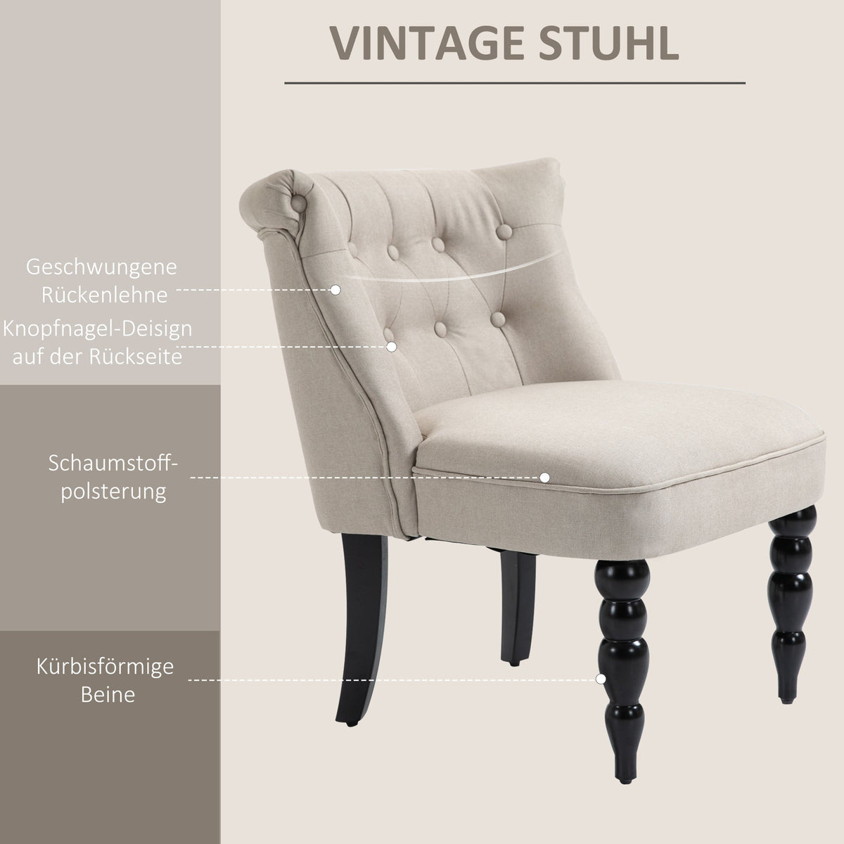 Relaxing Chair, Upholstered Vintage, Linen Beige Black