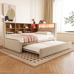 Sofa Bed with Pull-Out Bed, USB Socket, Storage, Upholstered, Beige