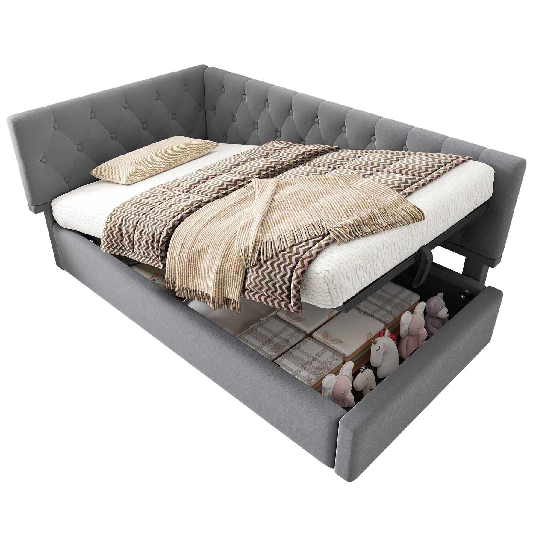 Upholstered Day Bed, 90x200cm Sofa Bed with Hydraulic Storage, Velvet Gray