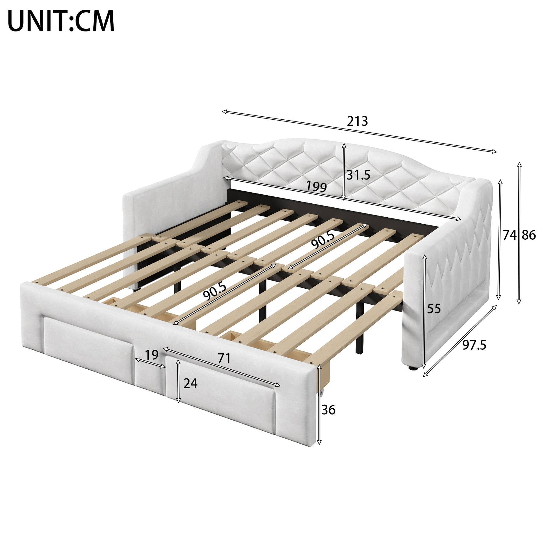 Upholstered Daybed with Two Drawers and LED Lighting, 90x200 to 180x200cm, White