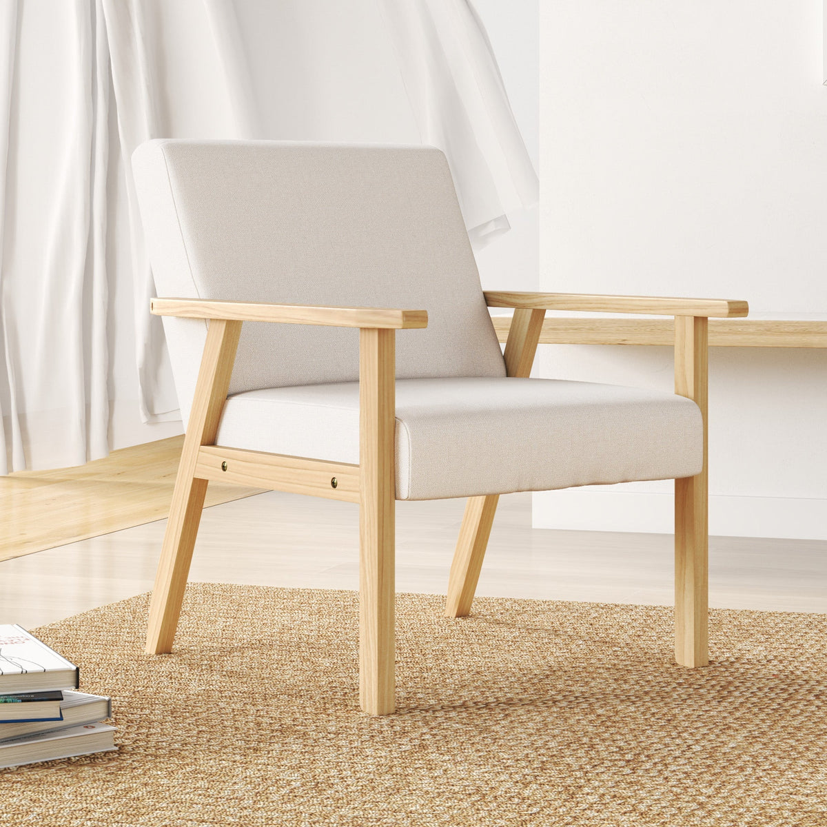 Lounge Chair with Armrests, Dining Relaxing Upholstered, Cream White