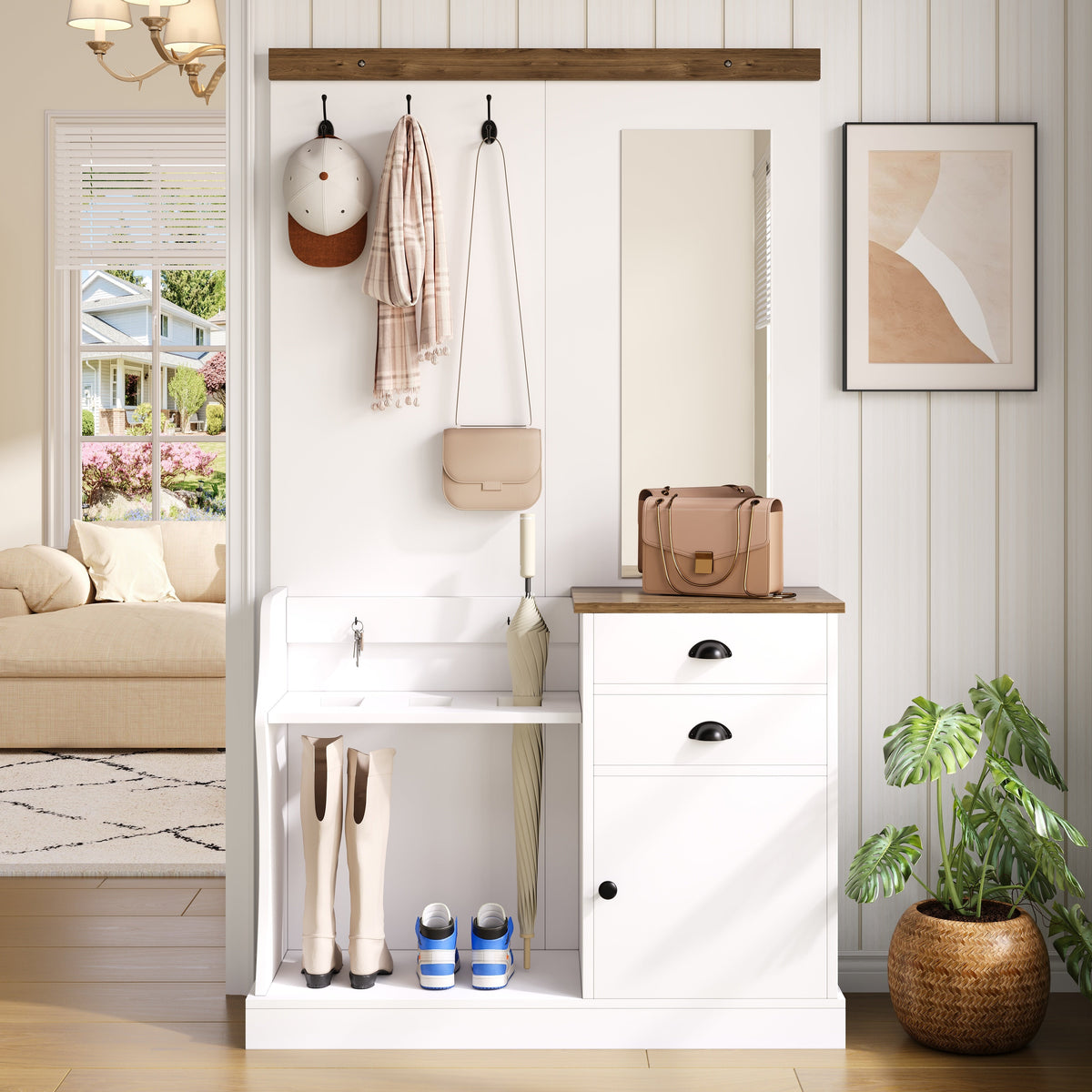 Wardrobe Set with Mirror, Hooks, Drawers & Umbrella Stand, Wood and White