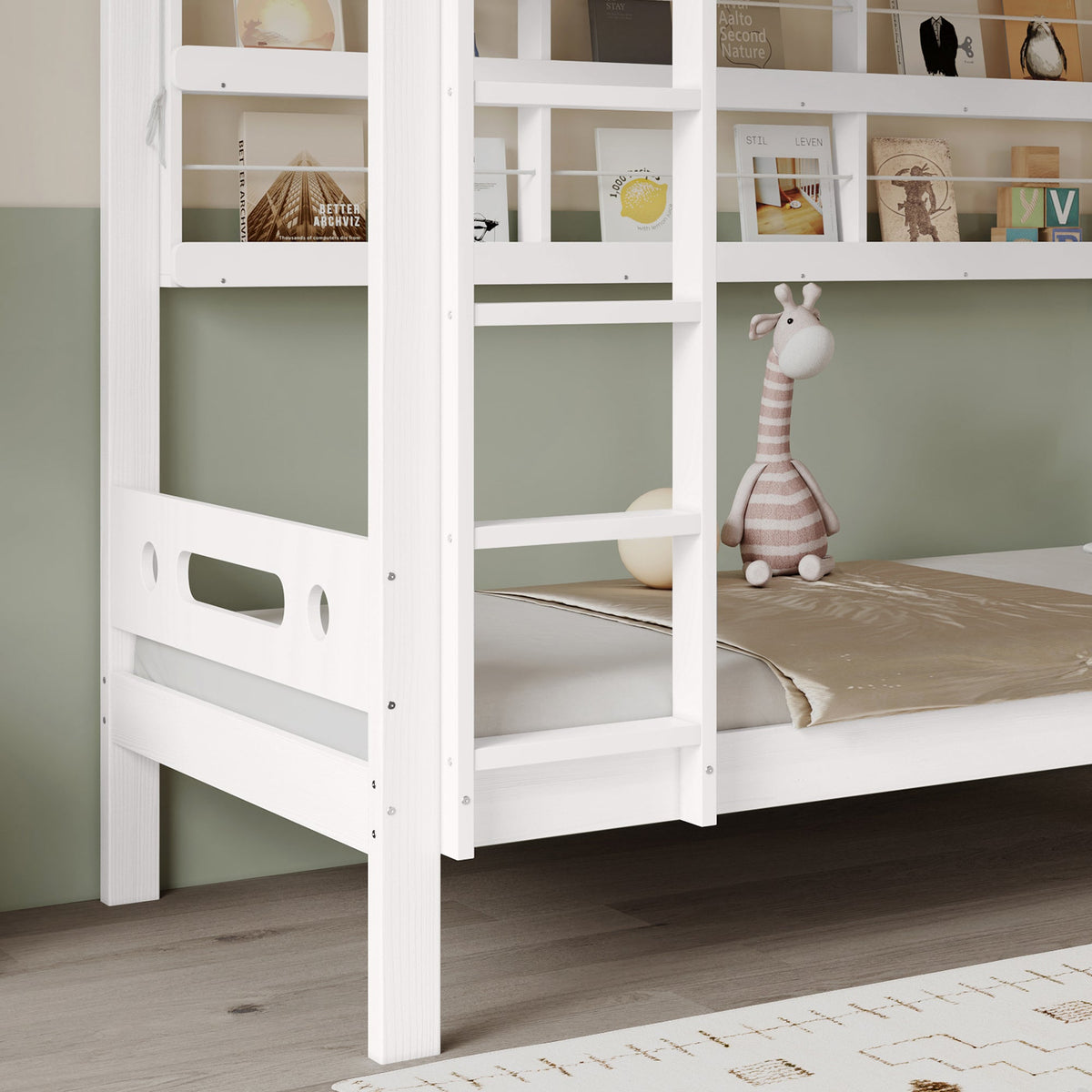 Bunk Bed, Children's with Safety Gate, Open Shelf, 5-Step Ladder, Pine + MDF White, 90x200cm