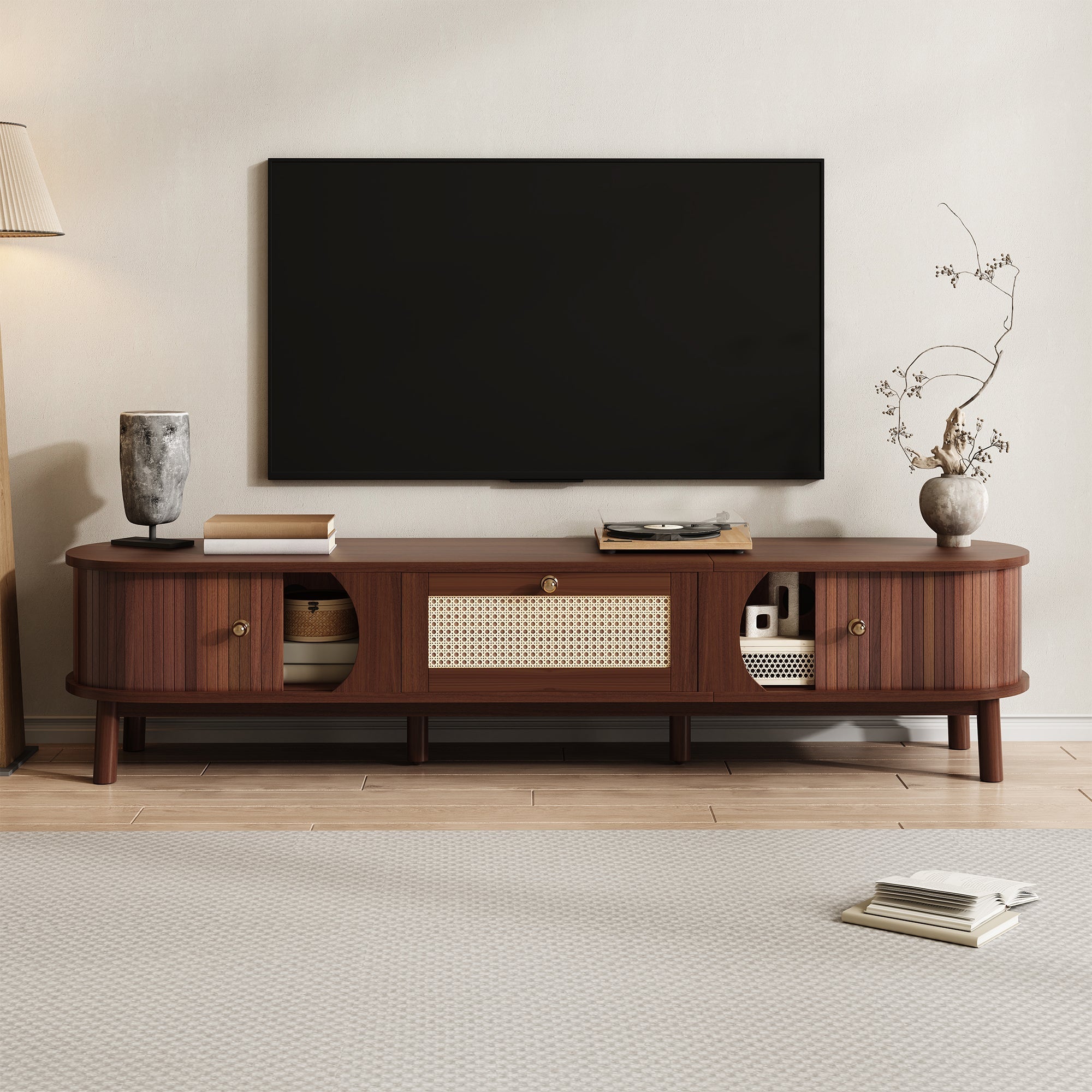 TV Cabinet Natural Wood Doors Rattan Drawers Rustic Storage