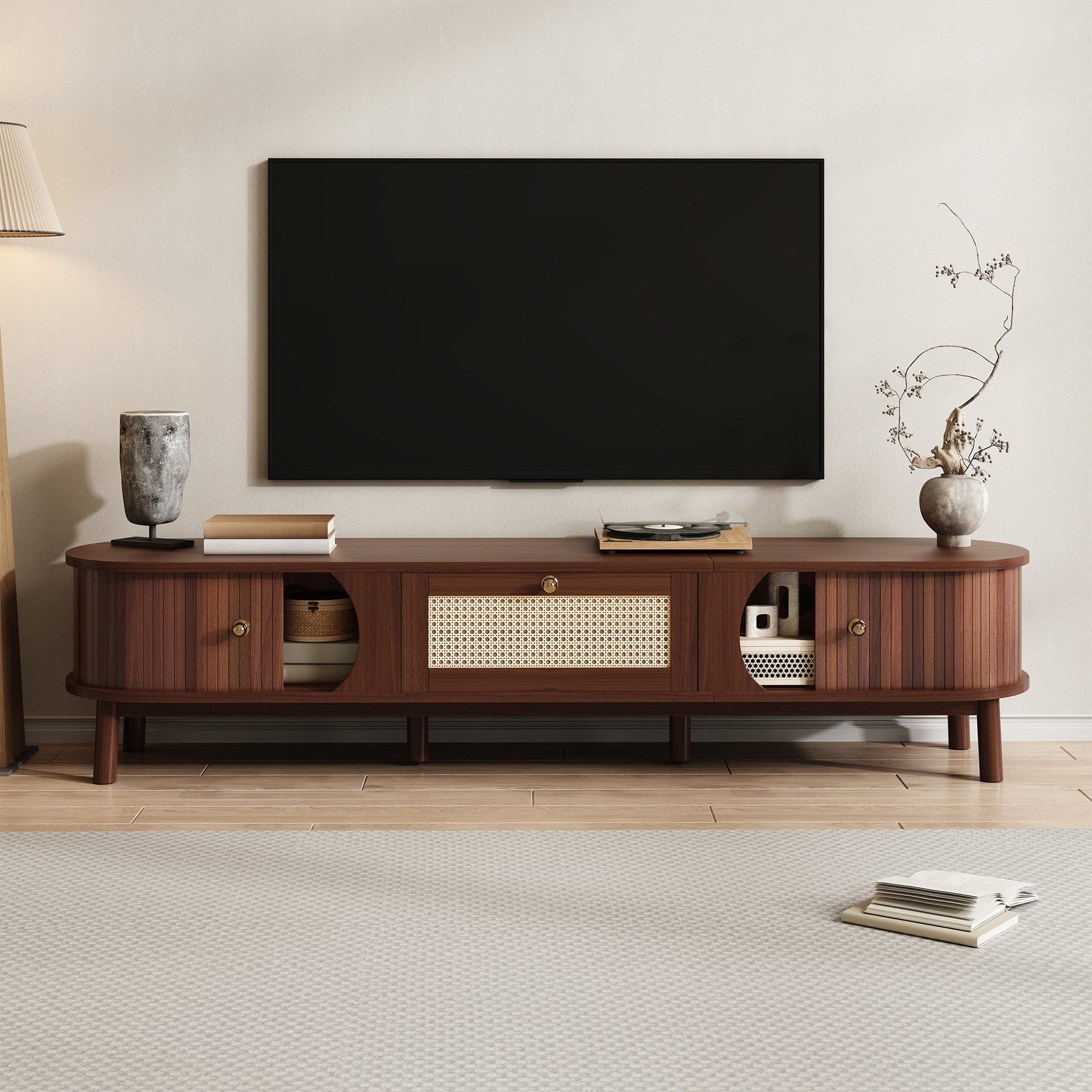 TV Cabinet Natural Wood Doors Rattan Drawers Rustic Storage