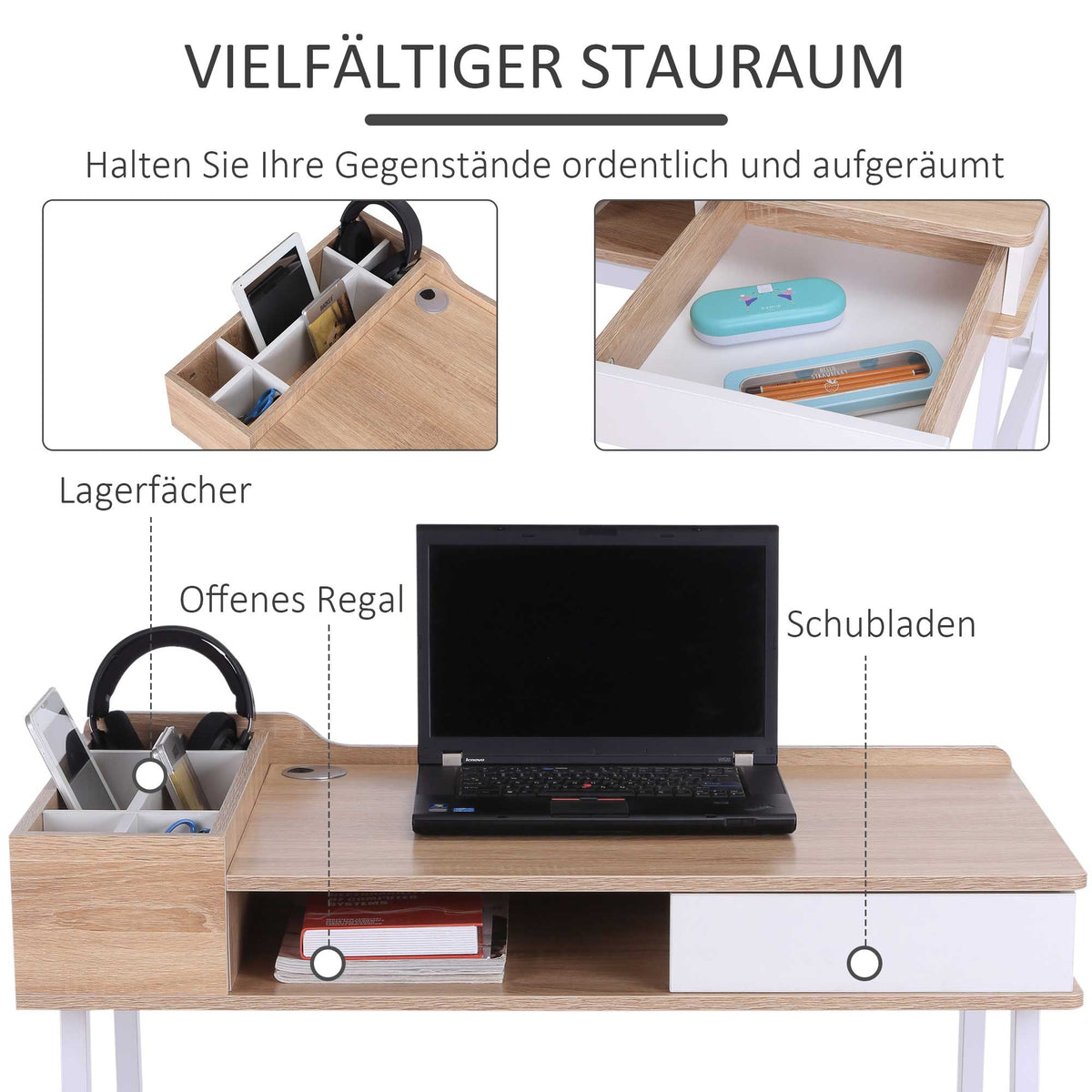 Desk with Storage & Drawer, Large Top, Wood