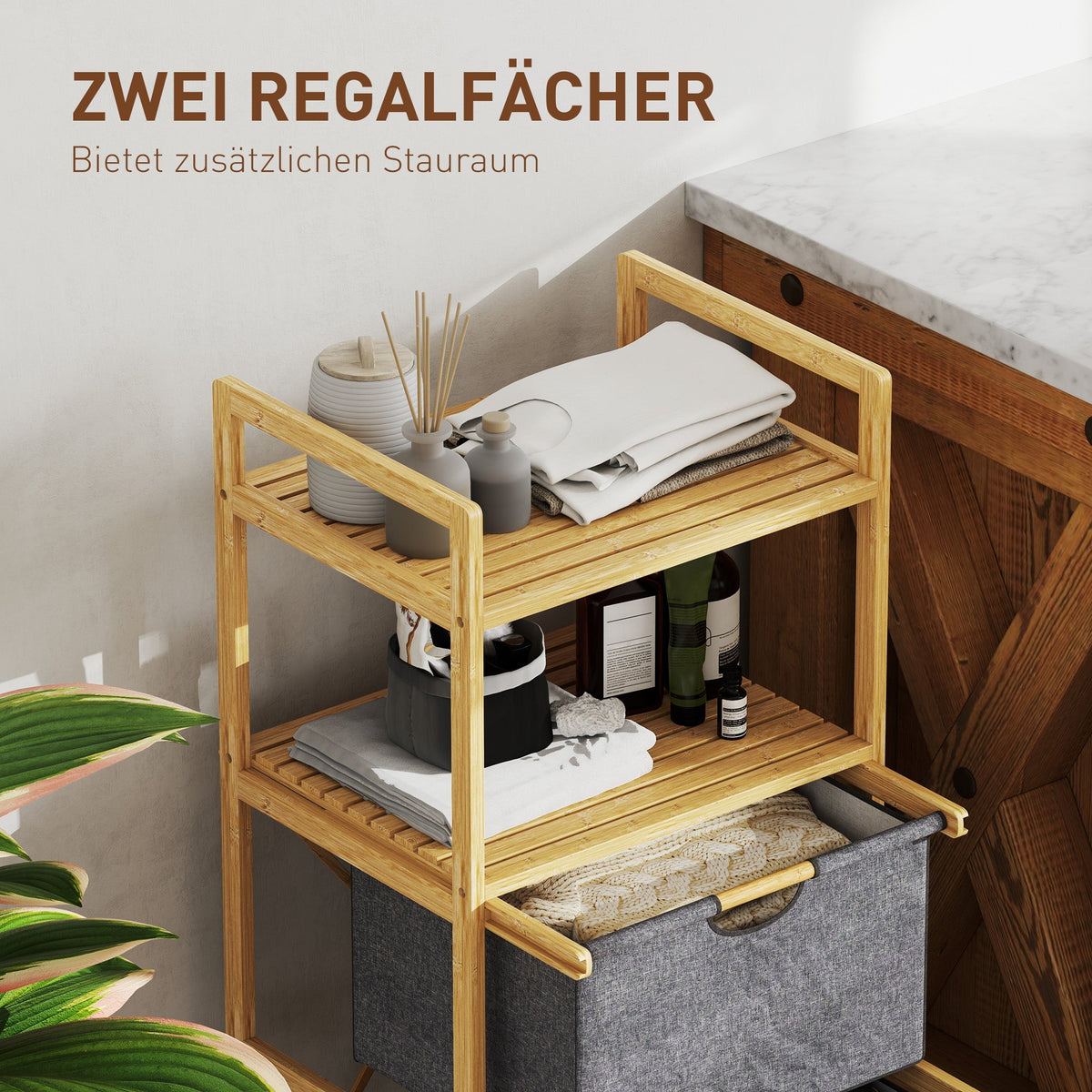 Laundry Basket with 2 Fabric Baskets, Open Shelves, Handle, Bamboo, Natural