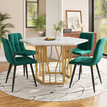 Dining Set (5-Piece) Modern Hexagonal Marble Table 4 Green Velvet Chairs Gold Legs