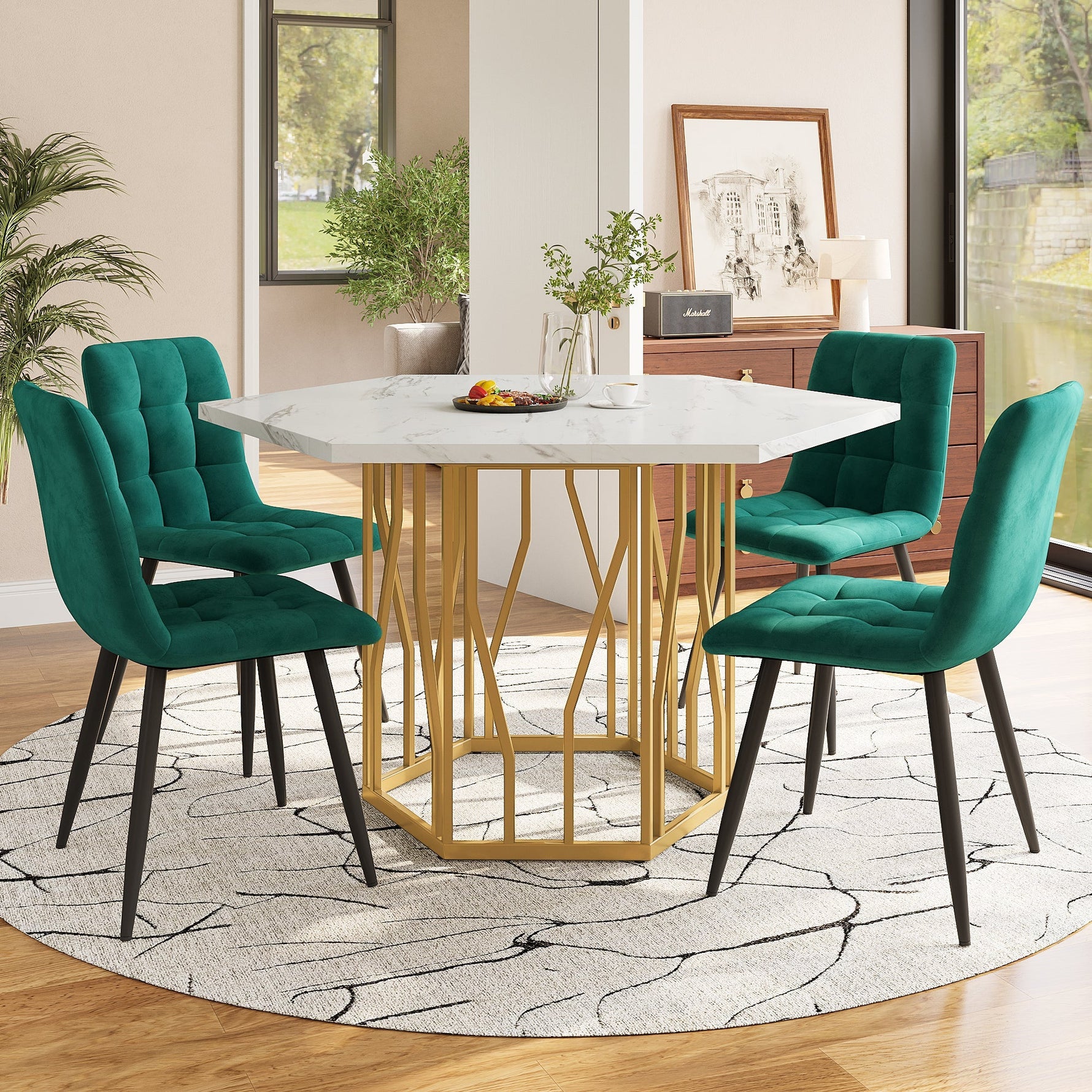 Dining Set (5-Piece) Modern Hexagonal Marble Table 4 Green Velvet Chairs Gold Legs