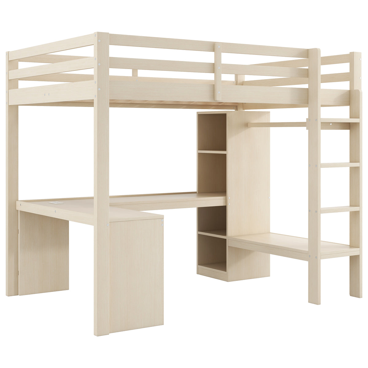 Loft Bed 140x200 with Desk, Shelves, LED & USB Port - Natural