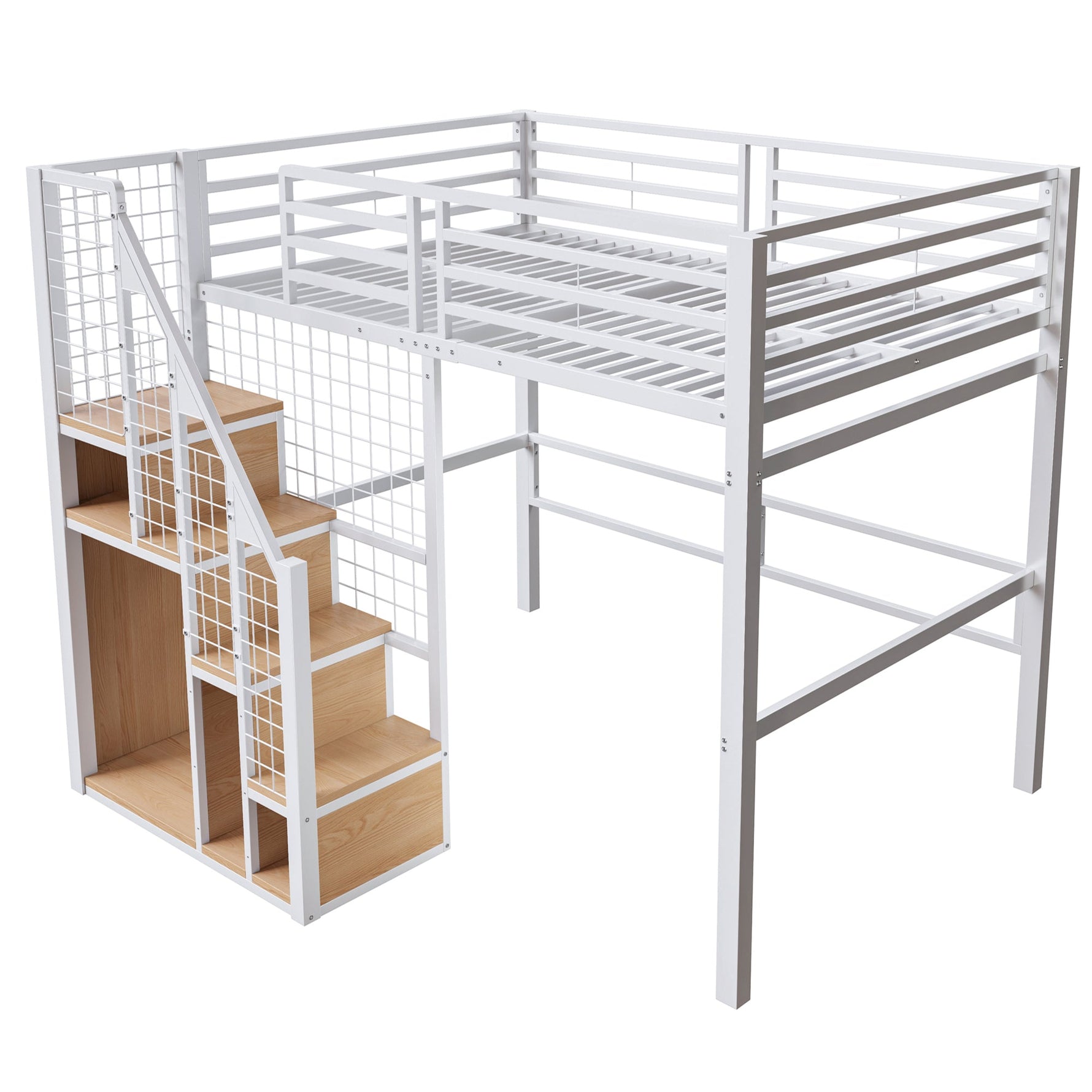 Bunk Bed with Safety Ladder and Storage Area, 140x200cm, White Iron Frame