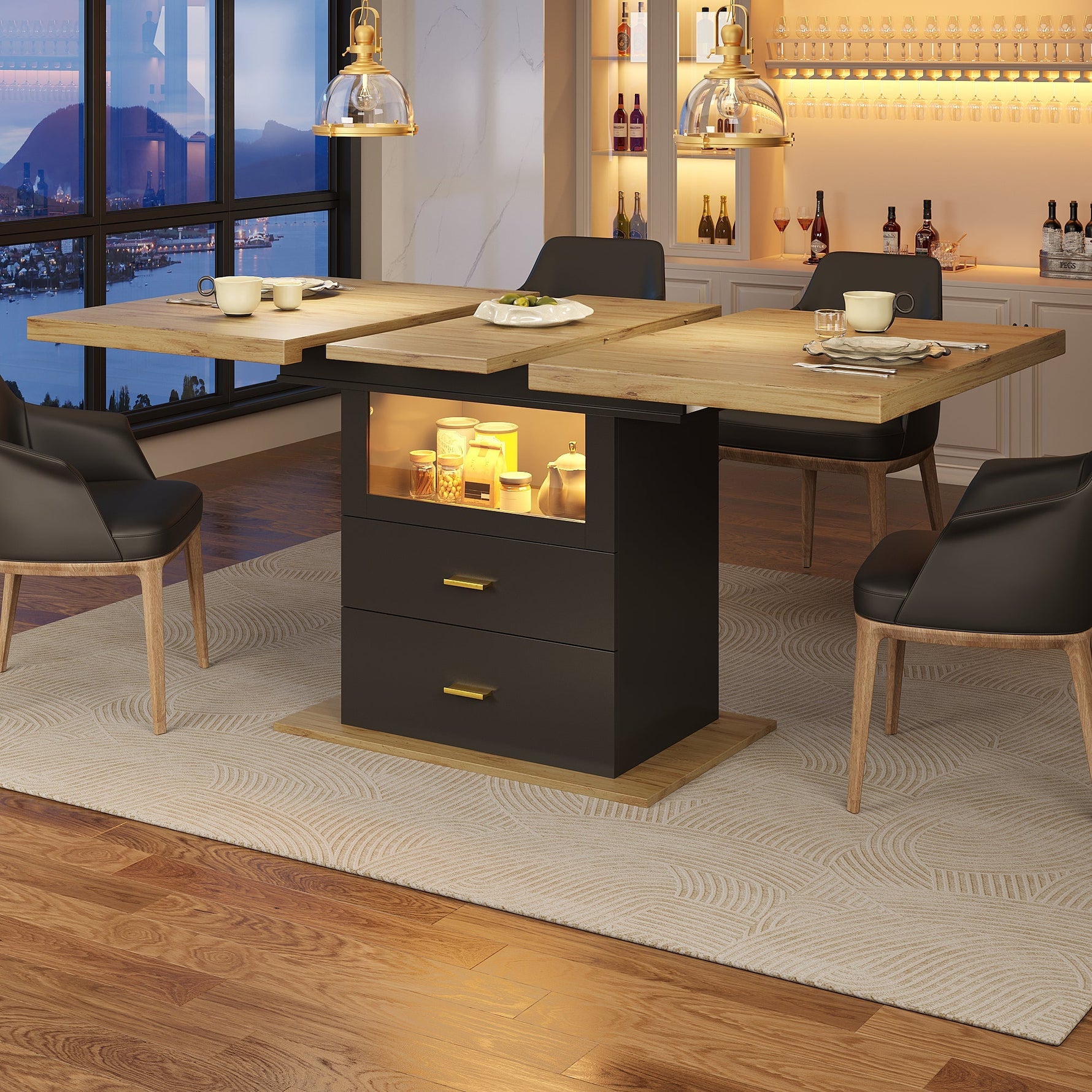 Extendable Dining Table with LED Lighting and Seating for 6 People, Wood Finish