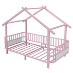 House Children's Bed Frame 90x200cm with Safety Rail, Pink Metal