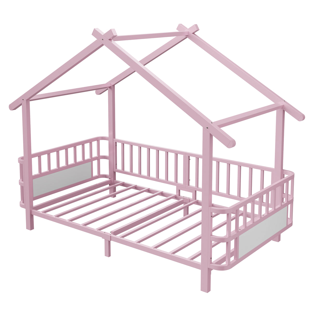 House Children's Bed Frame 90x200cm with Safety Rail, Pink Metal