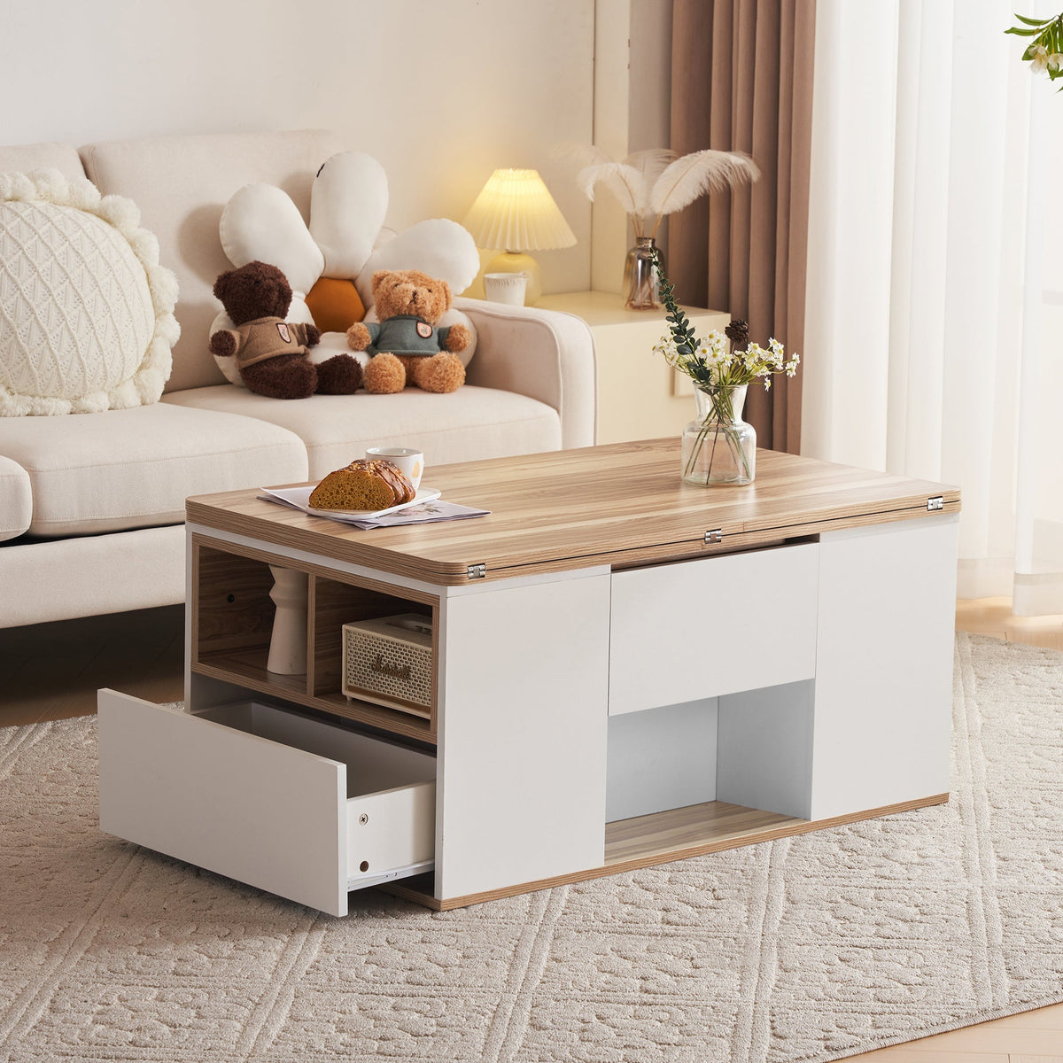 Liftable Coffee Table Opens to 2 Tables Storage - White/Wood