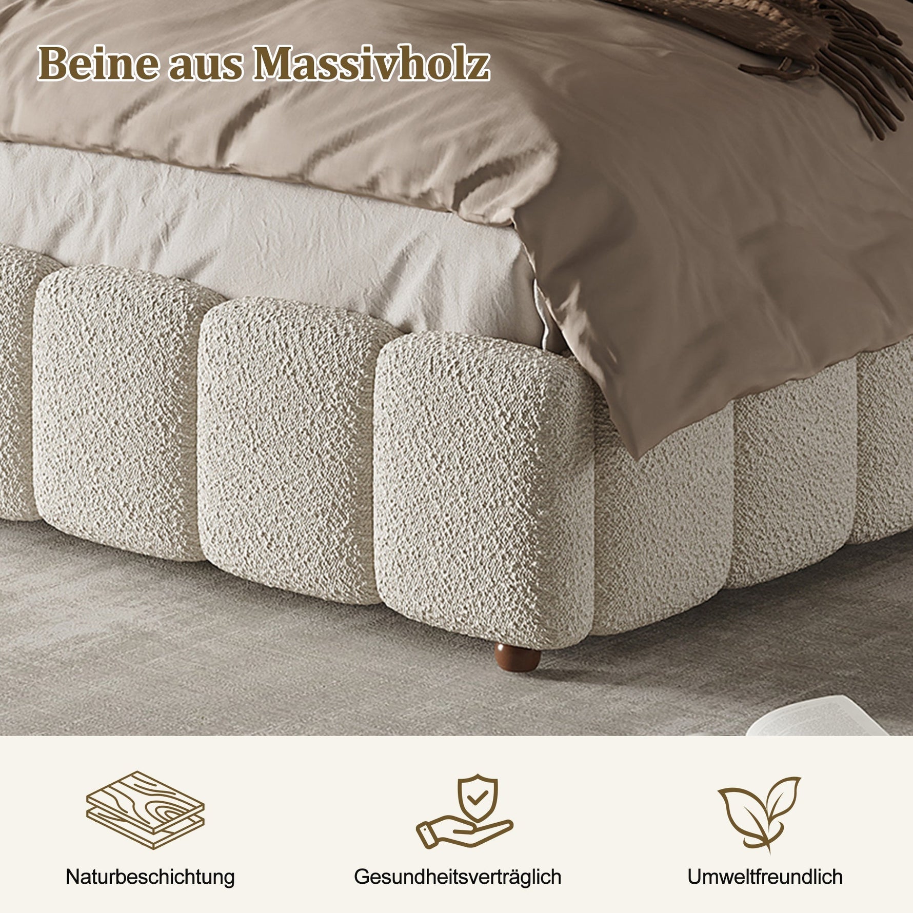 Upholstered Double Bed with Hydraulic Storage and Slatted Frame, 200x200cm, White Bouclé