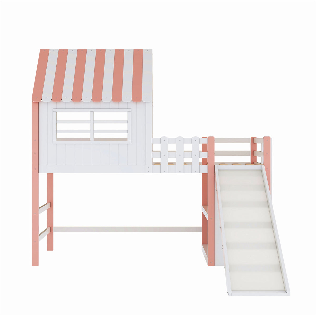 Children's Bed, Attic Design with Safety Ladder & Slide, Multi-Level Storage, Solid Wood, Pink