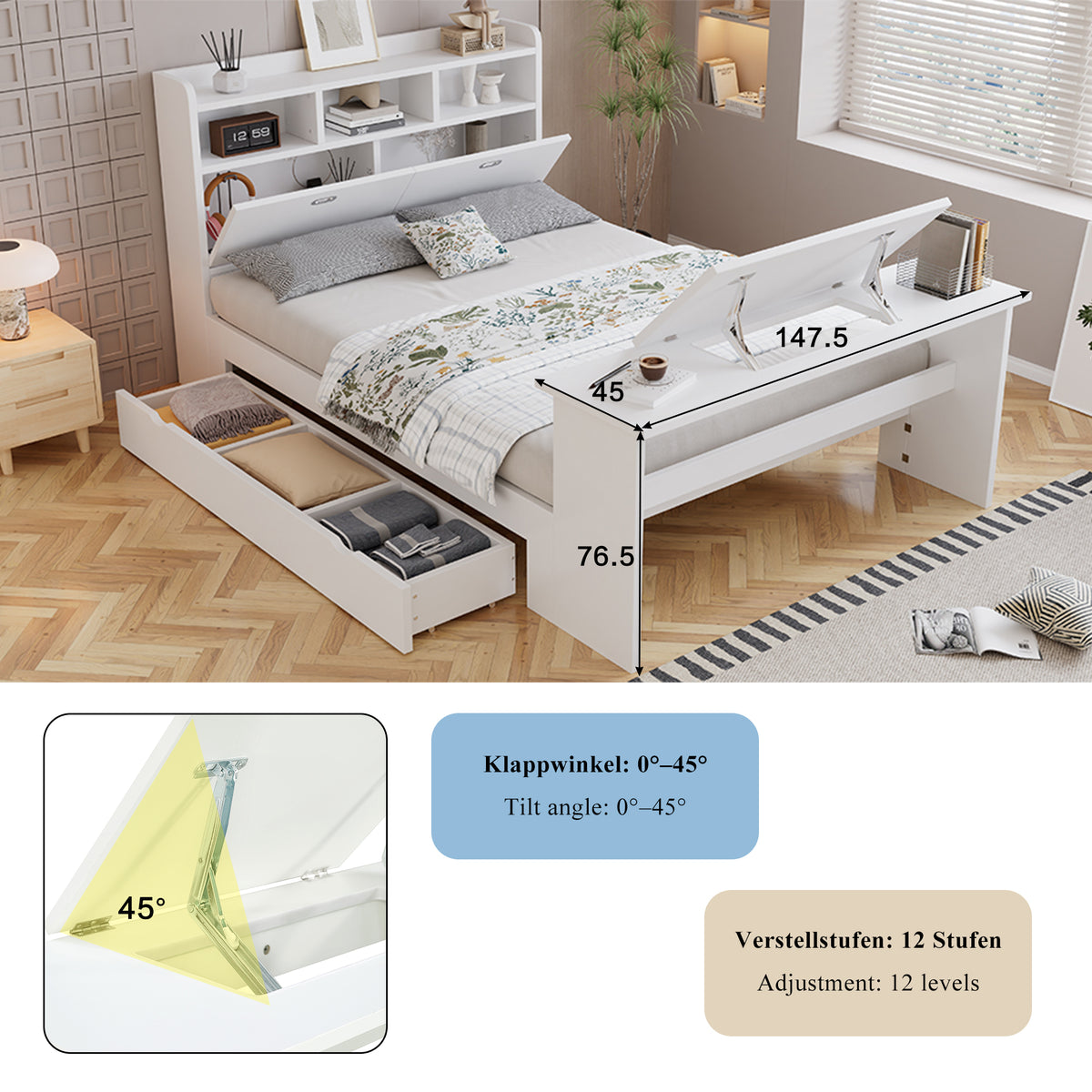 Children's Bed 140x200cm with Storage & Desk in White Wood