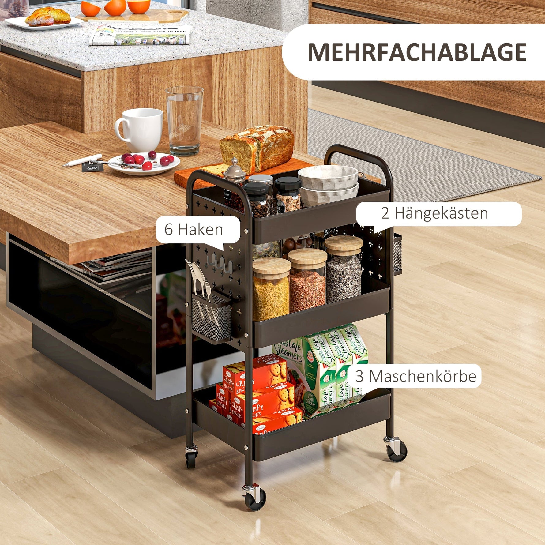 Rolling Serving Cart, 3 Tiers, 2 Hanging Baskets, Kitchen, Steel Black