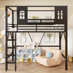 Children's Loft Bed 90x200cm with Roof & Storage, Black Metal