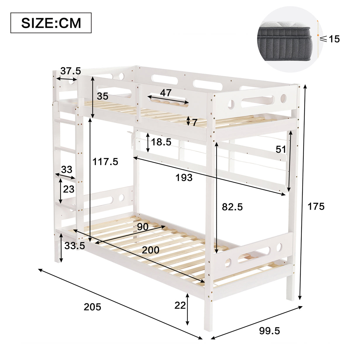 Bunk Bed 90x200 with Drawers & Storage Shelf, White Pine