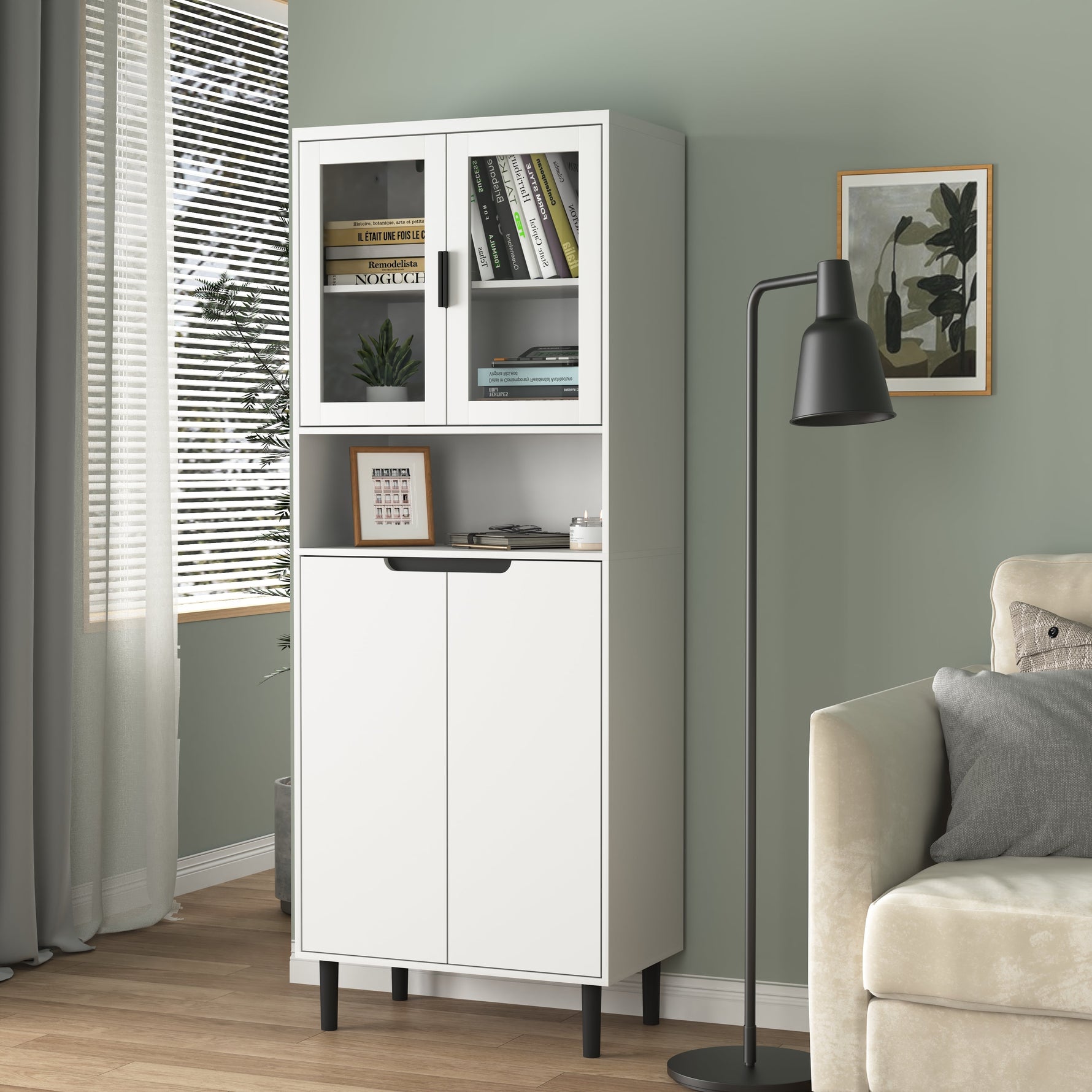 Tall Bookcase 4-Door Tempered Glass Adjustable Shelf - White
