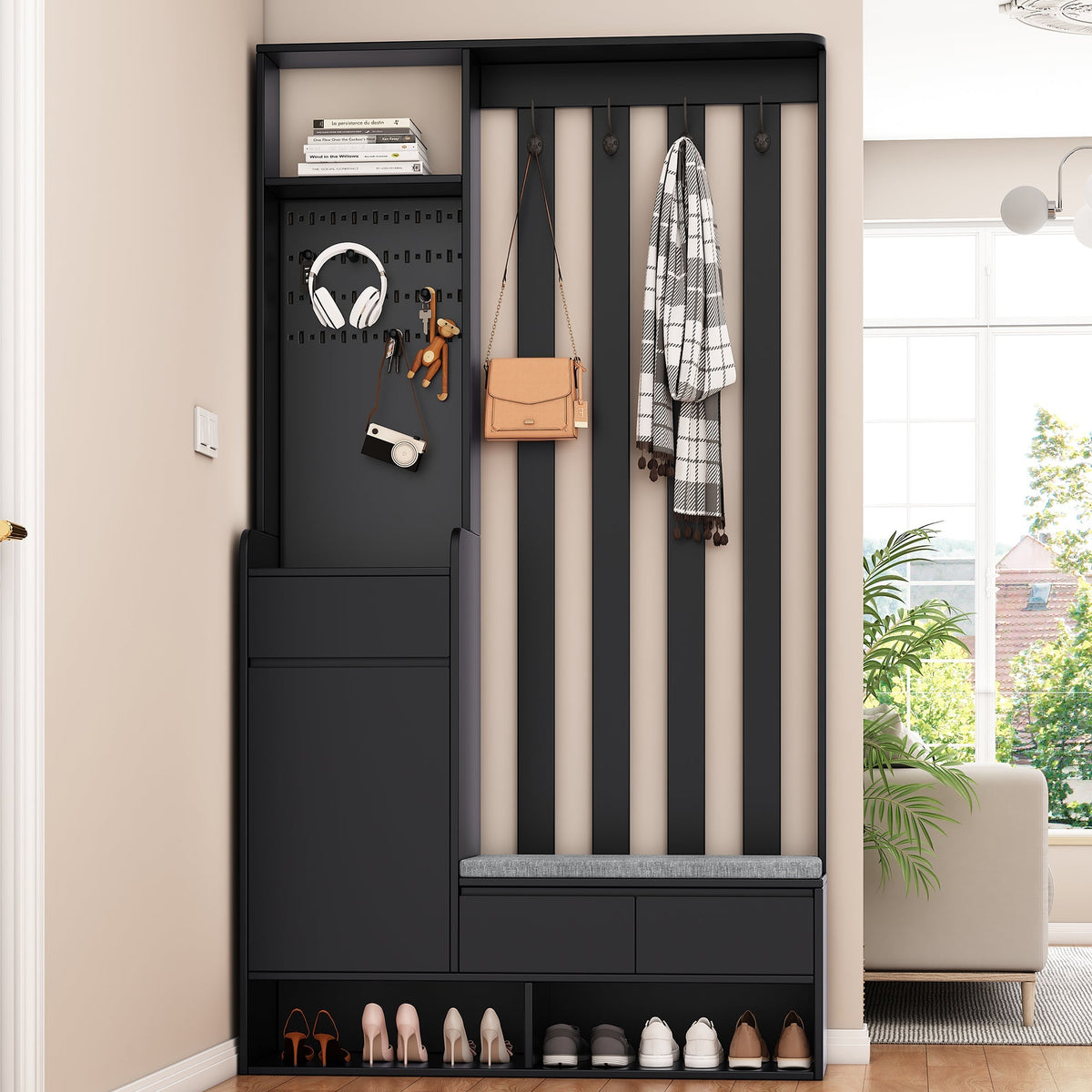 Hallway coat rack with padded storage bench and pegboard, 4 hooks, black