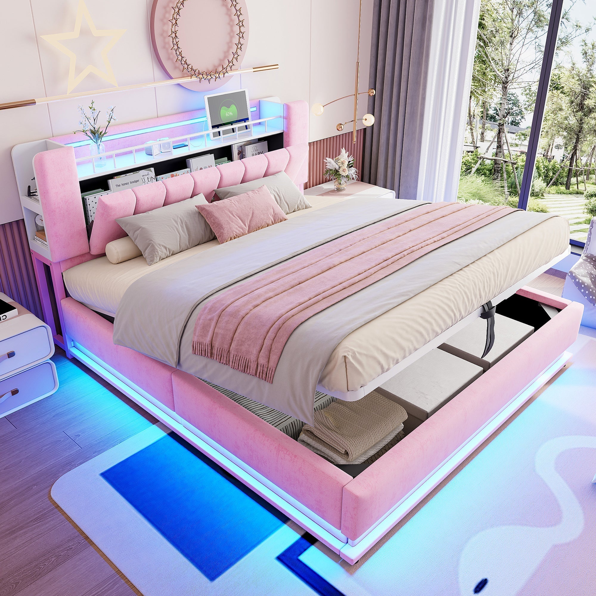 Smart Upholstered Bed with LED Lighting, USB and Hydraulic Storage, 180 x 200 cm, Pink Velvet