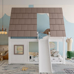 Wooden House Bunk Bed with Roof, Ladder and Slide, 140 x 200, White and Brown
