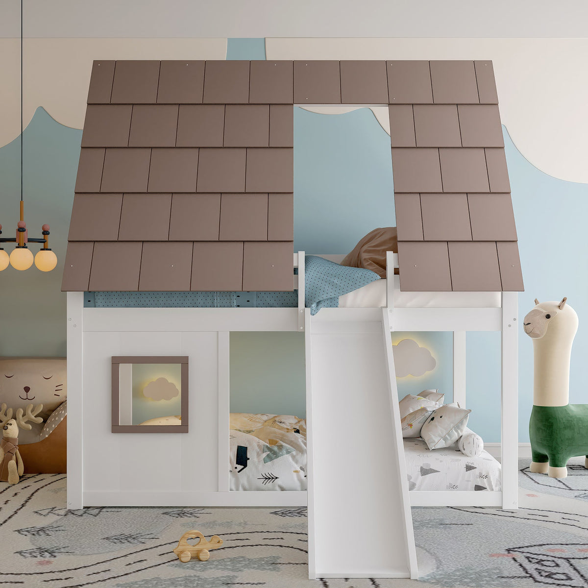 Wooden House Bunk Bed with Roof, Ladder and Slide, 140 x 200, White and Brown