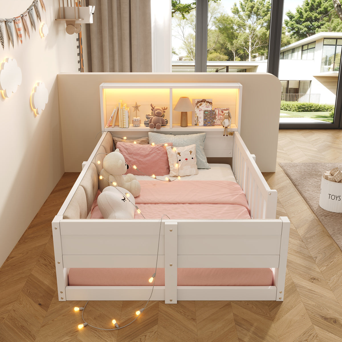 Flatbed Kids Bed 90x200cm with LED Light & Railings, White