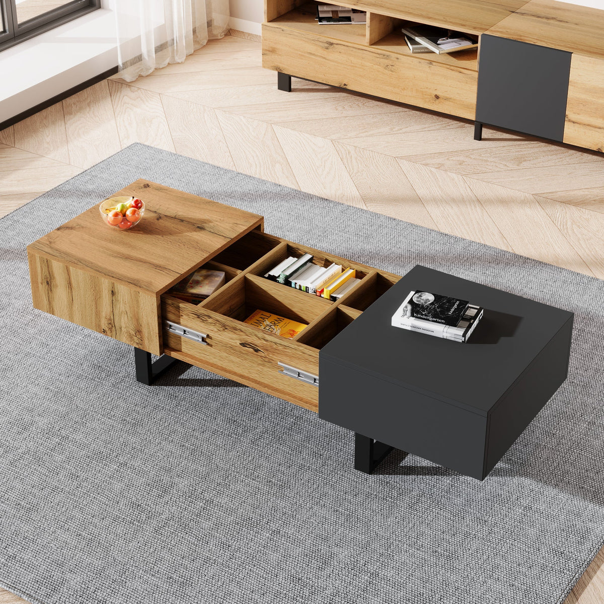 Multifunctional Modern Sliding Coffee Table with Hidden Storage, Wood and Metal