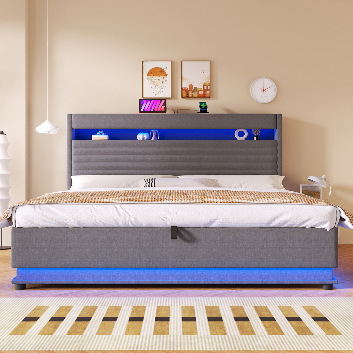 Upholstered Bed 180x200 with Storage & LED Light, Grey Linen