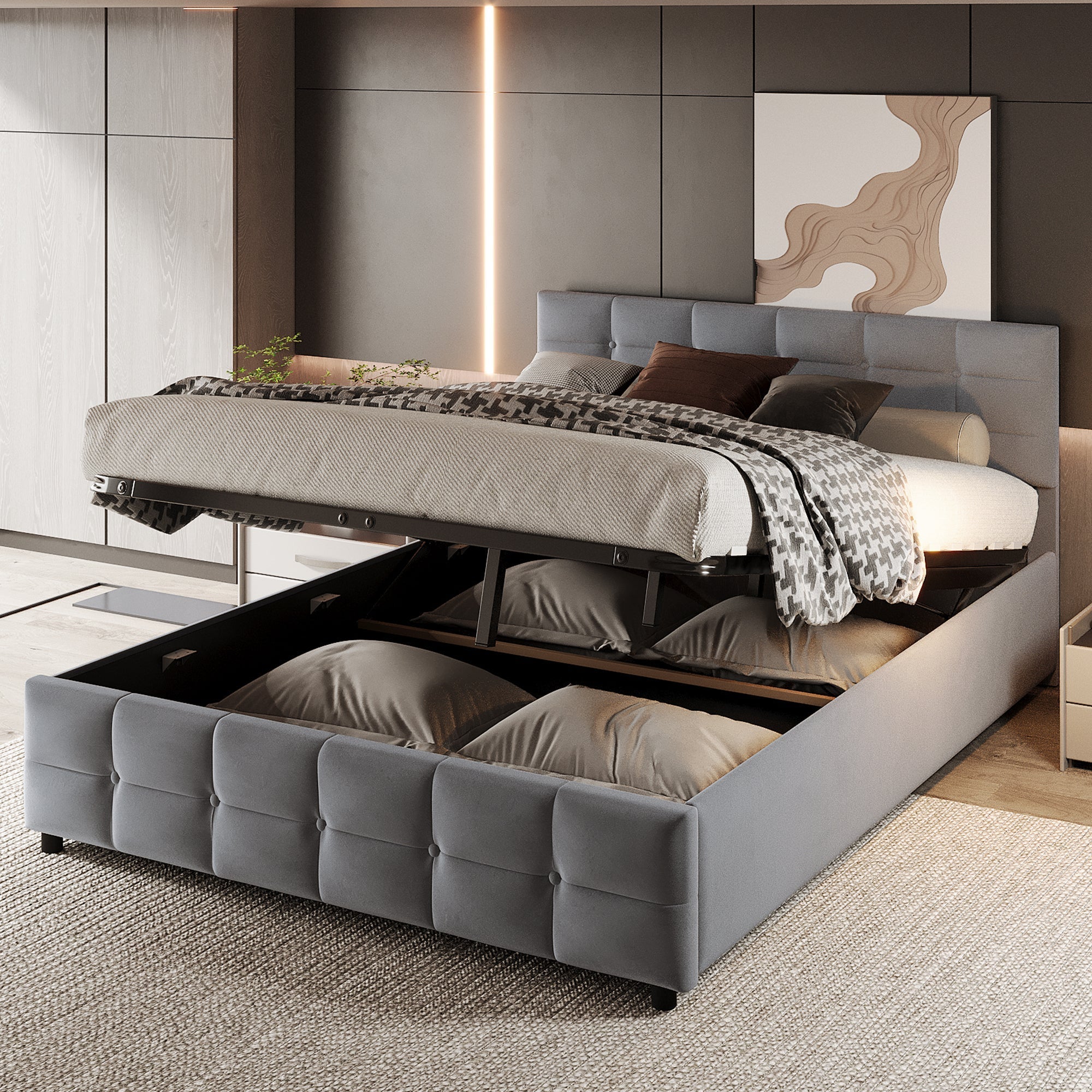 Upholstered Bed, 180*200cm Hydraulic Single with Slatted Frame, Dutch Velvet Grey