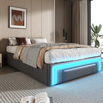 Bed Frame 90x200 Drawers LED Light Metal Slat Platform PU Leather, Grey