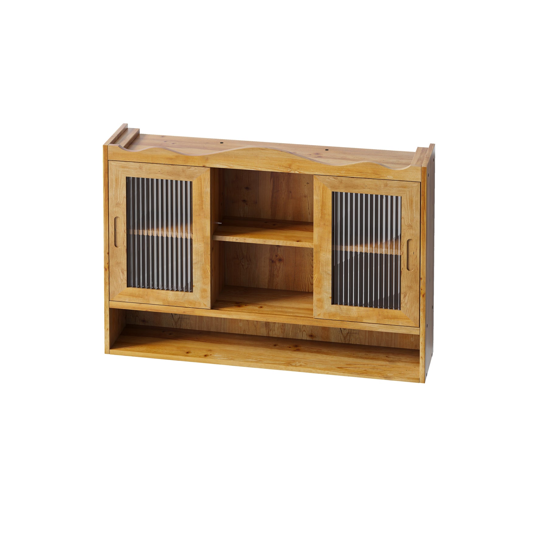 Retro 2 Door Sliding Cabinet 90CM Three Layers Storage Space, Natural Finish