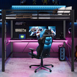 Gaming Loft Bed Frame with 140x200 Desk, LED and USB, Black Metal